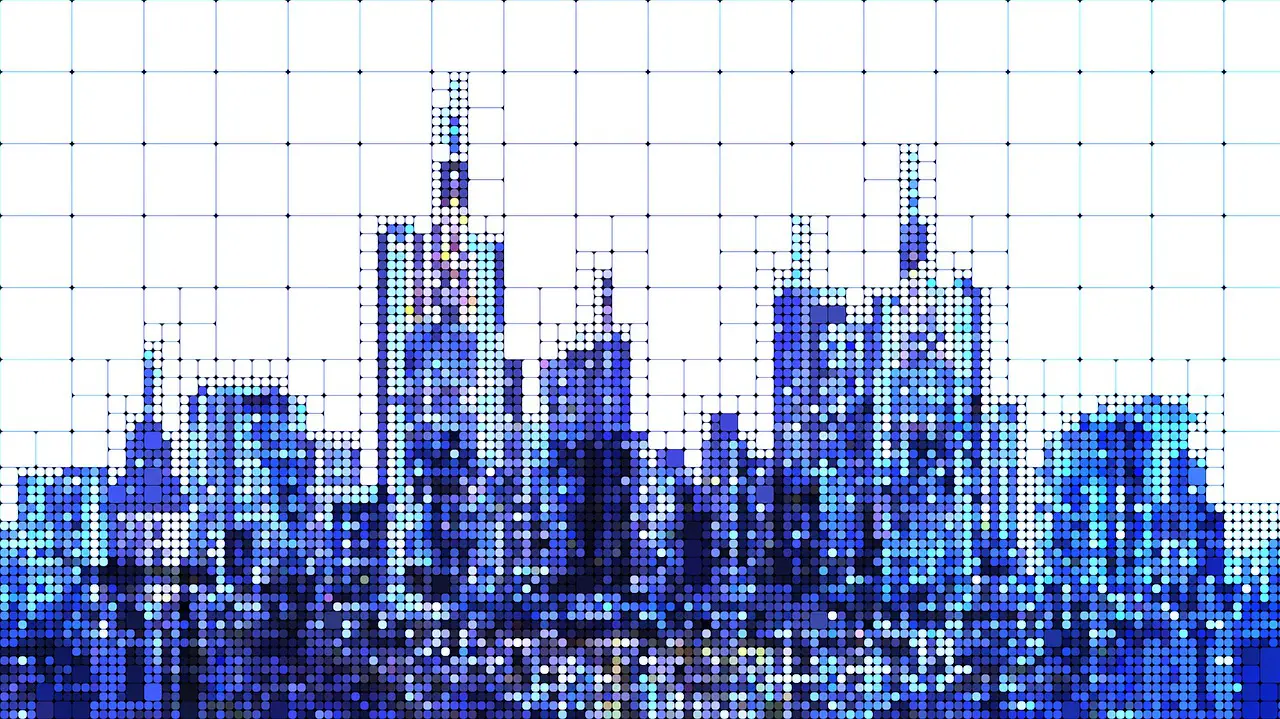La silhouette d'une ville avec ses gratte-ciel en pixel art