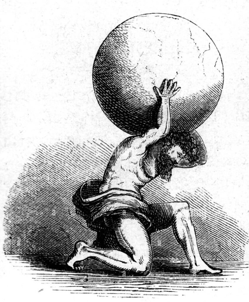 Une gravure représentant le titan Atlas, homme musclé à peine vêtu d'un drap préservant sa pudeur, et soutenant le globe terrestre.